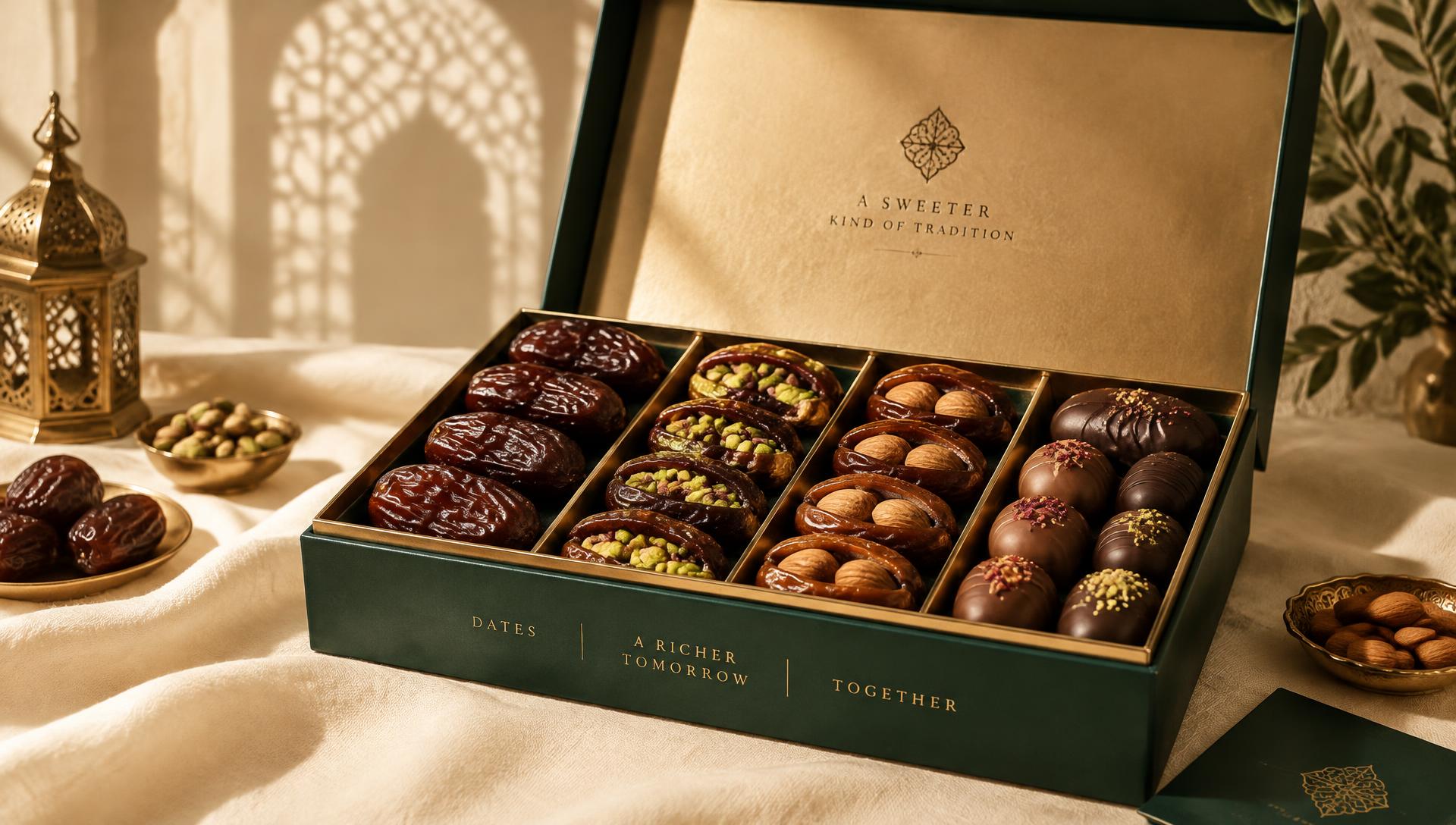 Coffret PALMINA ouvert, dattes Mejhoul fourrées et enrobées de chocolat