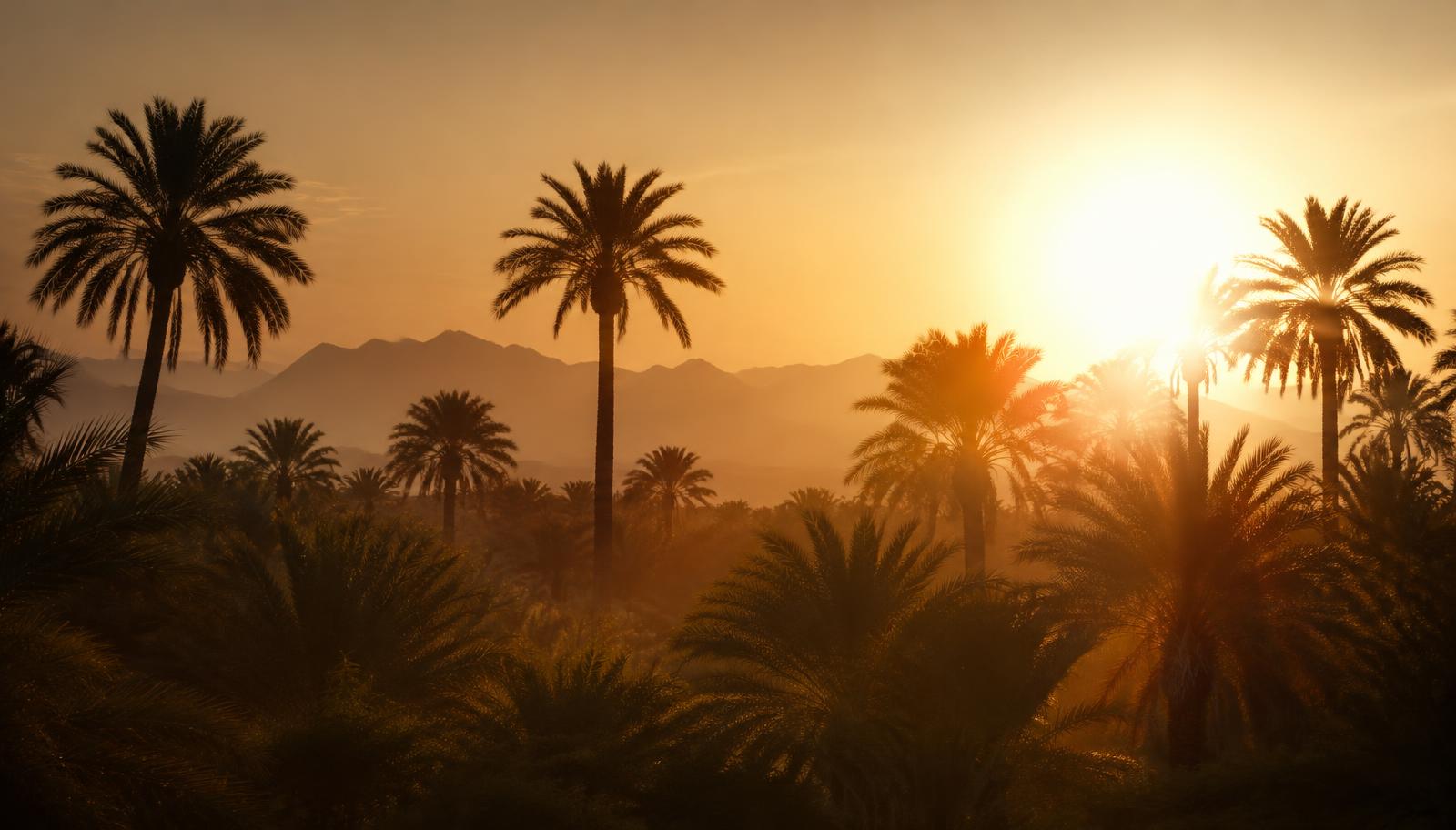 Palmeraie marocaine au coucher du soleil